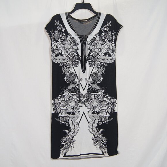 Roberto Cavalli Black White Floral Midi Dress | Italian Designer - Picture 2 of 9